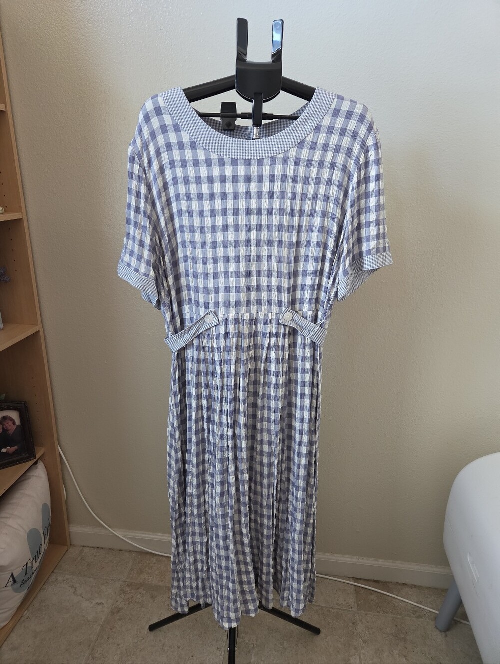 Vintage 90s S.L. Fashions Size 26 Tall Plaid Blue Dress Tie Waist Cottagecore